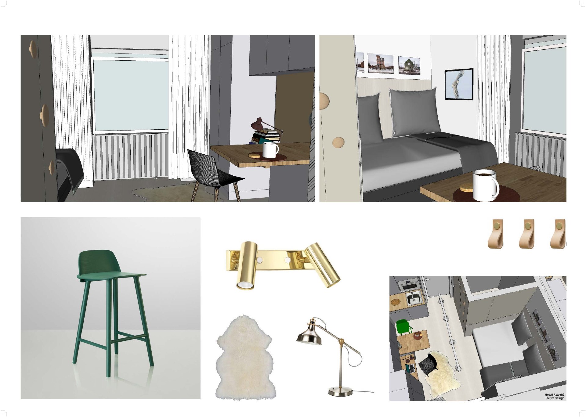 Moodboard och 3D-skiss för rumsinredningen på Attaché