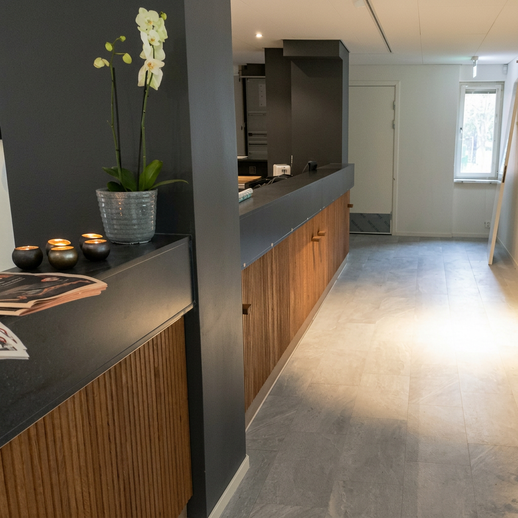 Receptionsdisken uppfälld och redo som bardisk på kvällen