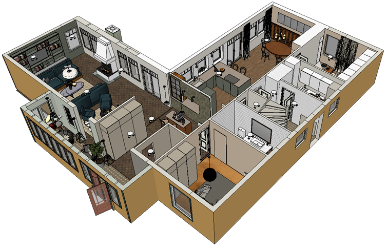 Pilvägen 7 — 3D-översikt av nedervåningen med bibliotek, vardagsrum, kök, matplats, solrum och entré