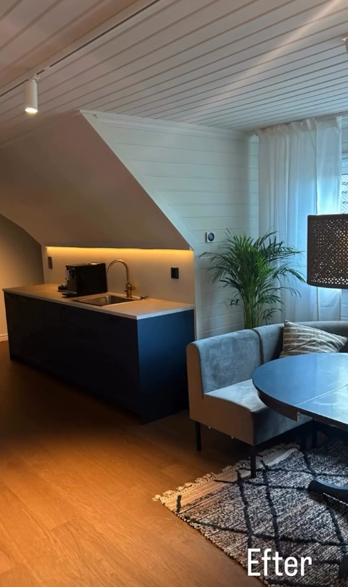 Loft · Pentry och lounge under snedtaket