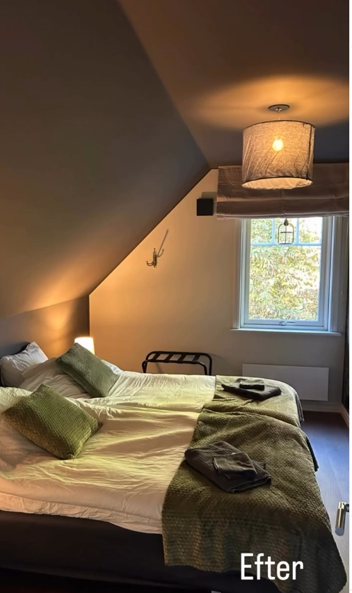 Sovrum på loftet · Varmt ljus och gröna toner